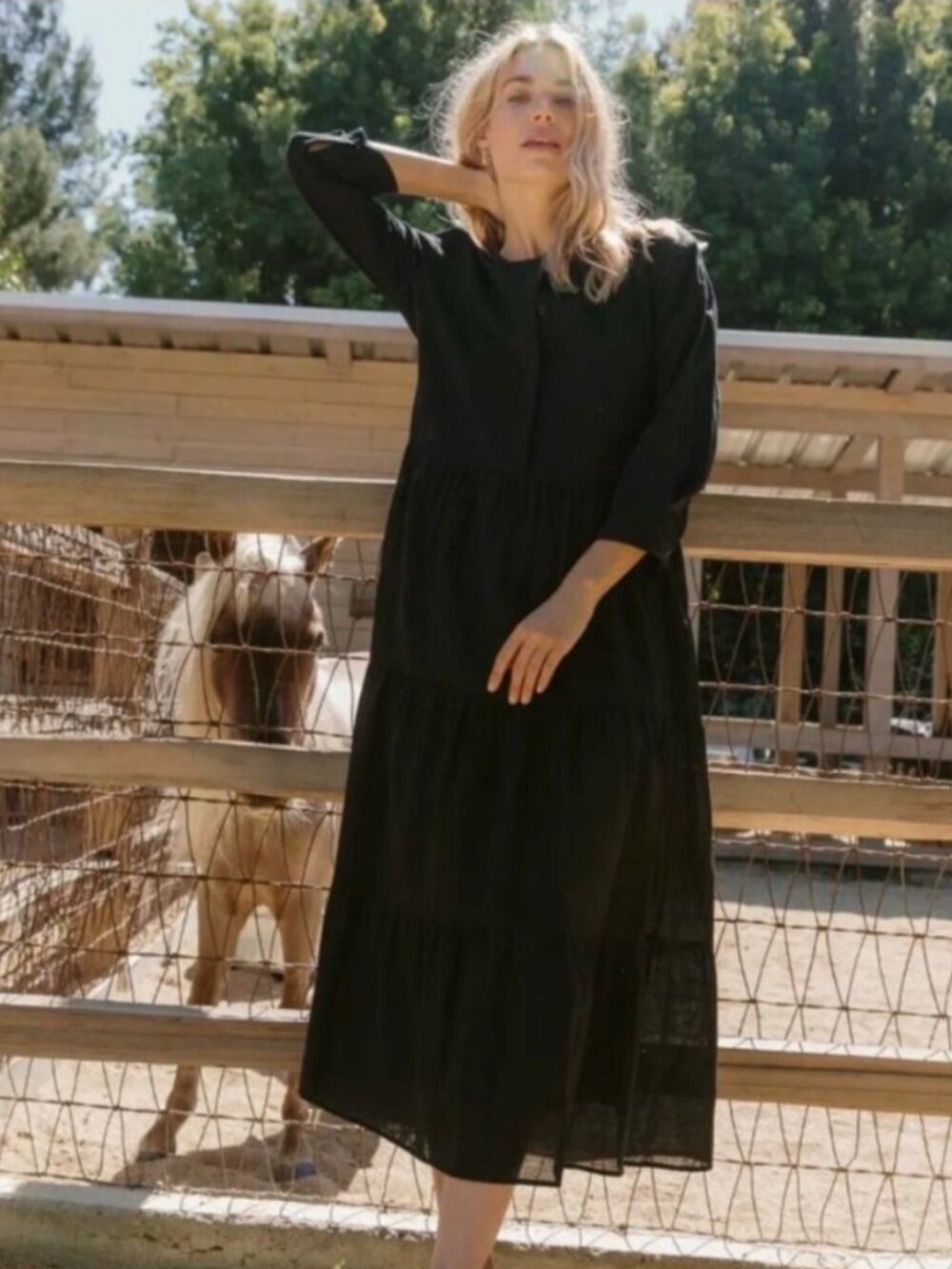 NWT 🌟 JENNI KAYNE 🌟 JAMES COTTON LINEN 3/4 SLEEVE TIERED MIDI DRESS BLACK M